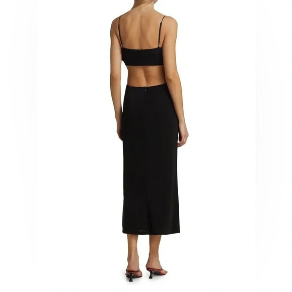 Cinq à Sept Mariah Back Cut-Out Ruched Slip Midi Dress 0 Black Front Slit Dressy - Picture 2 of 15